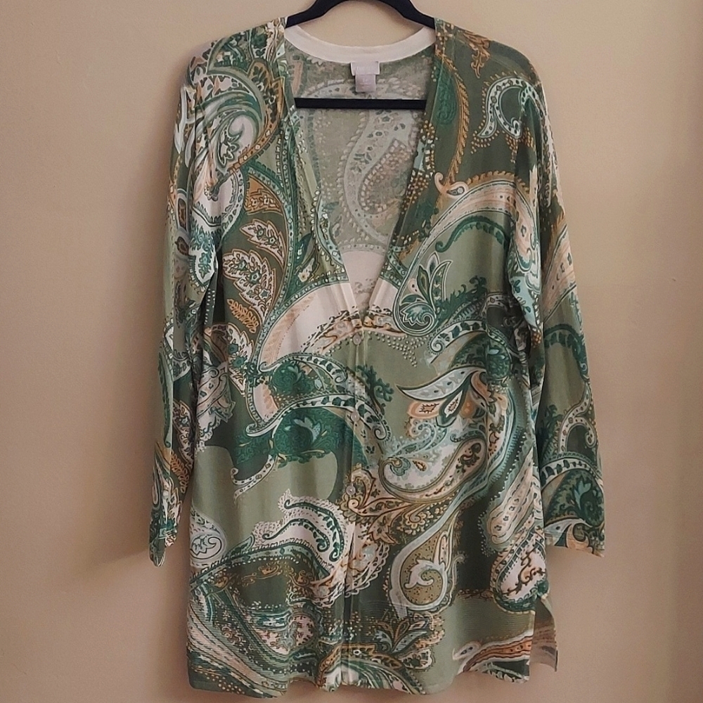 CHICO'S The Everyday Green Paisley Long Sleeve Button Down Cardigan Sweater - Picture 3 of 12